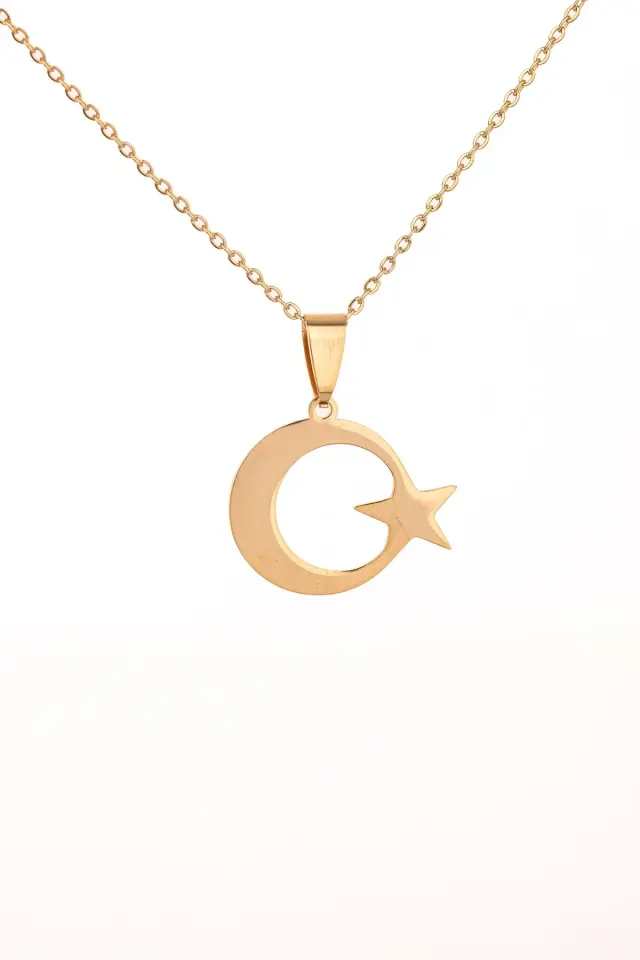 Altın Renk Ay Yıldız Çelik Kolye Kararmaz Paslanmaz Çelik Anlamlı Ve Şık (unisex)