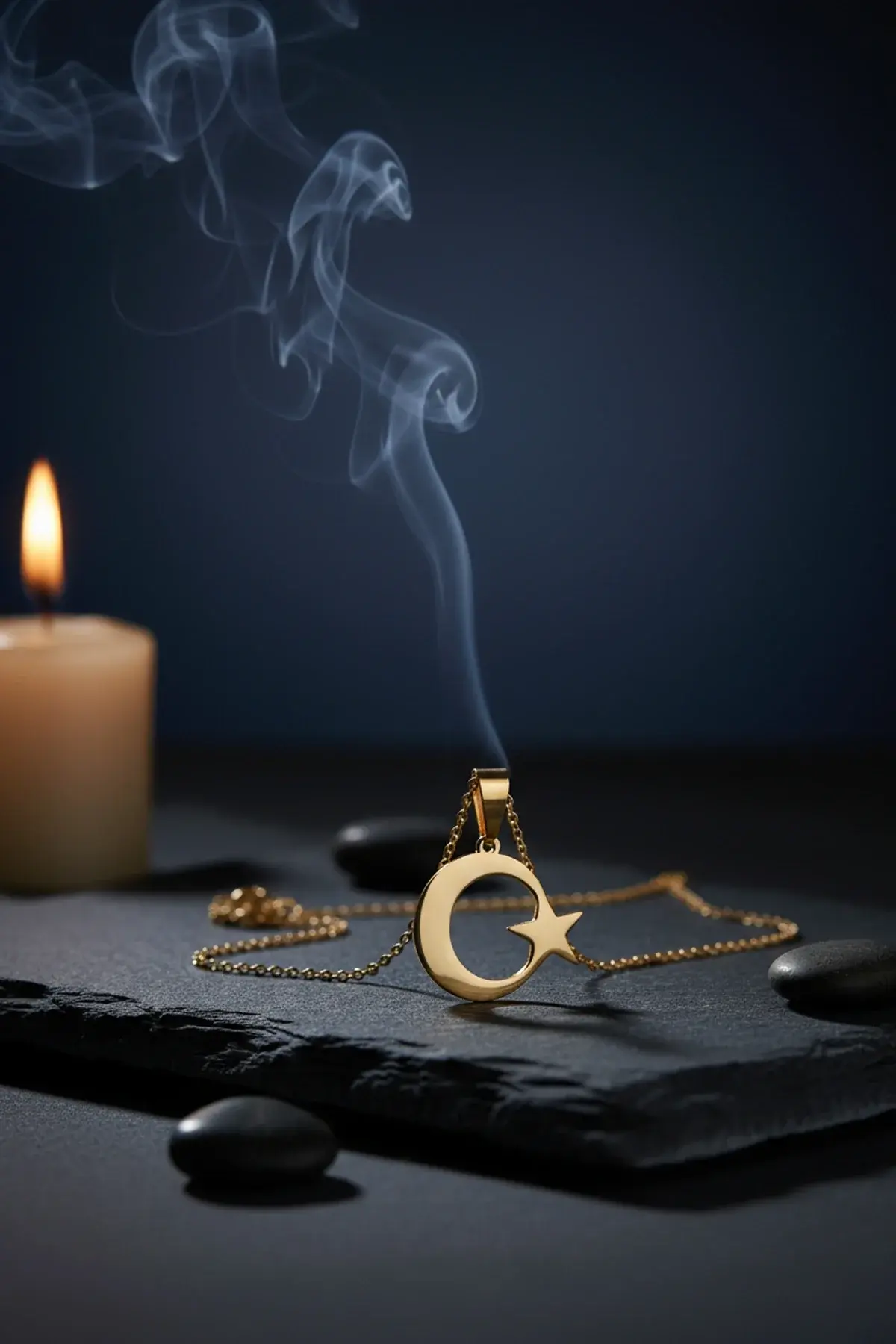 Altın Renk Ay Yıldız Çelik Kolye Kararmaz Paslanmaz Çelik Anlamlı Ve Şık (unisex)