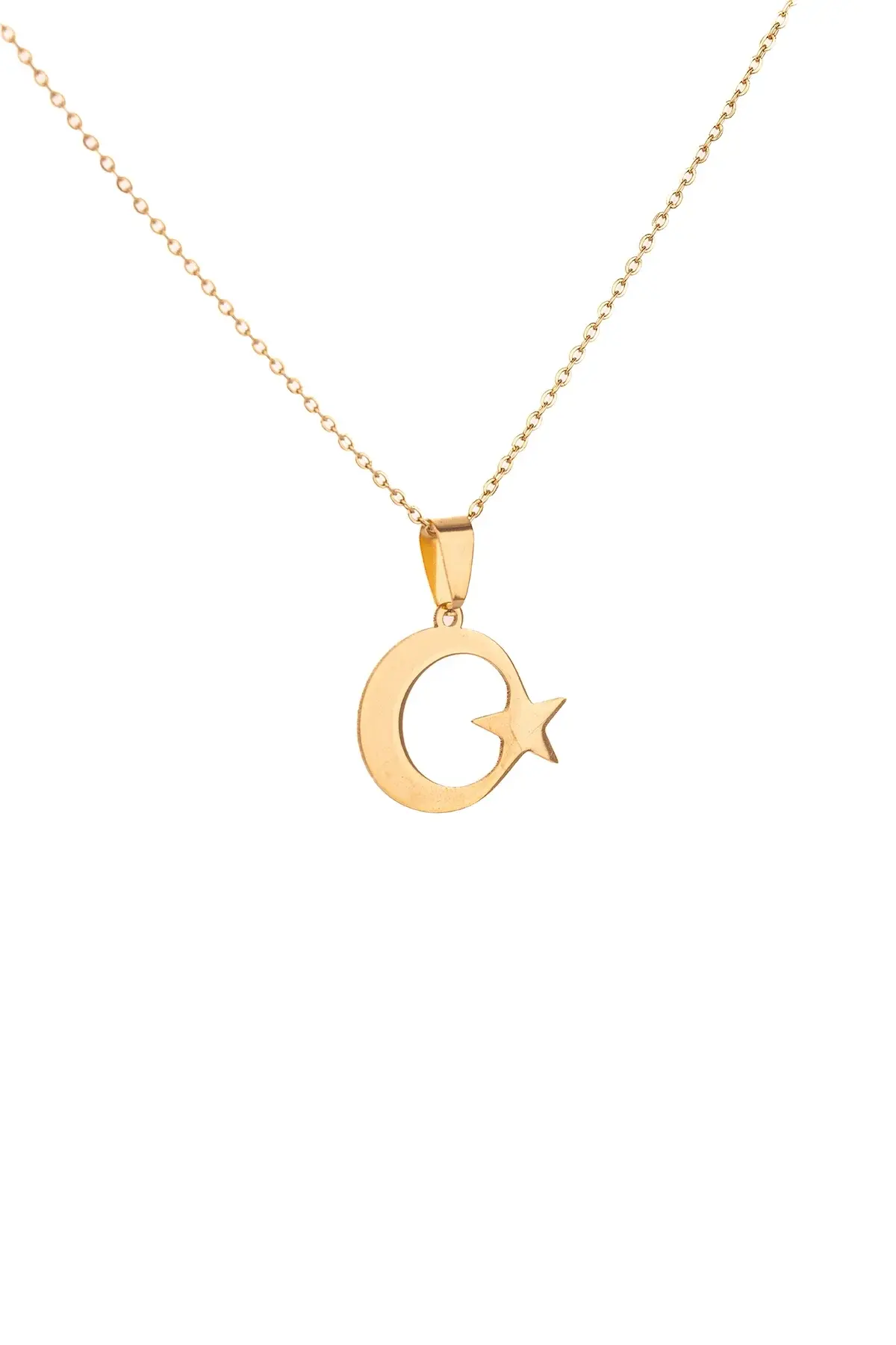 Altın Renk Ay Yıldız Çelik Kolye Kararmaz Paslanmaz Çelik Anlamlı Ve Şık (unisex)