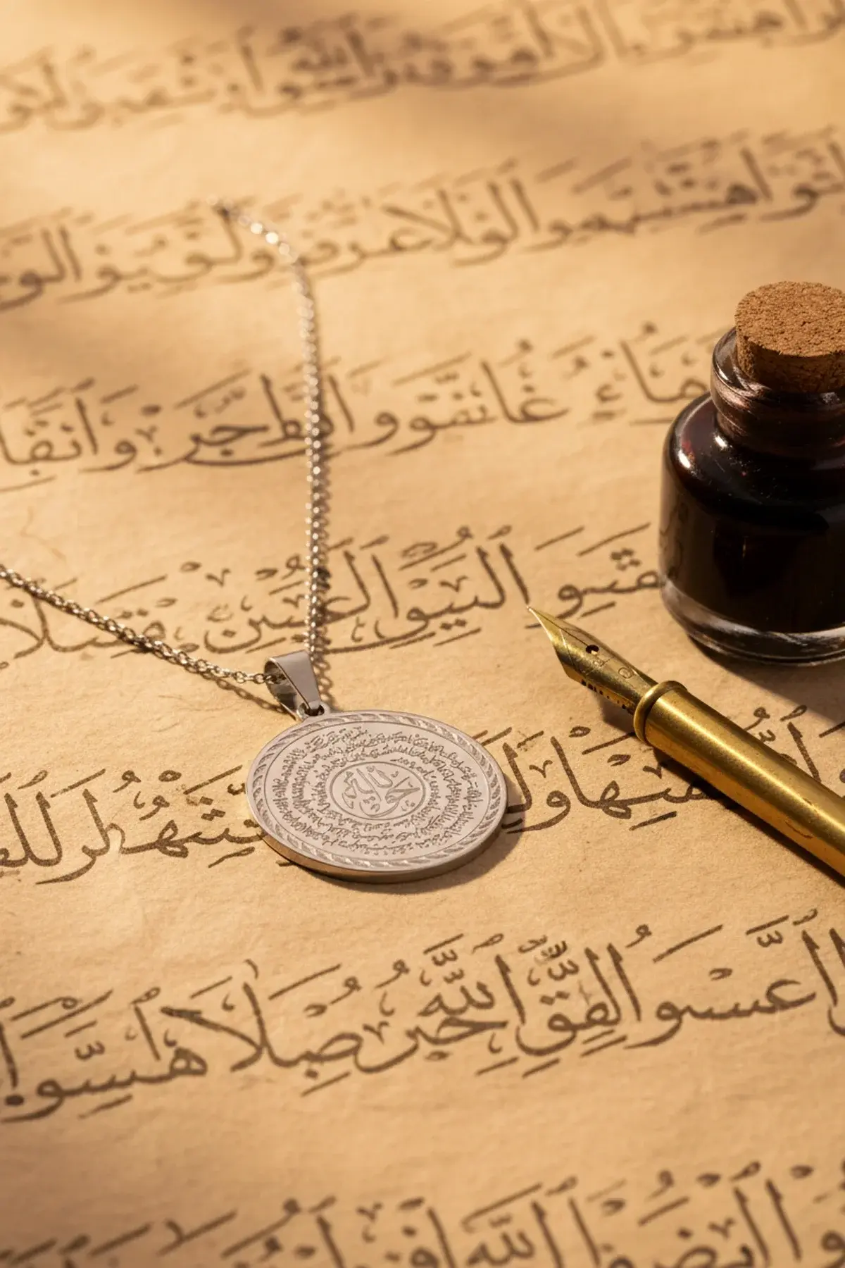 Gümüş Renk Nal-ı Şerif Ve Hakkani Mührü Yazılı Çelik Kolye Kararmaz Paslanmaz Zincir