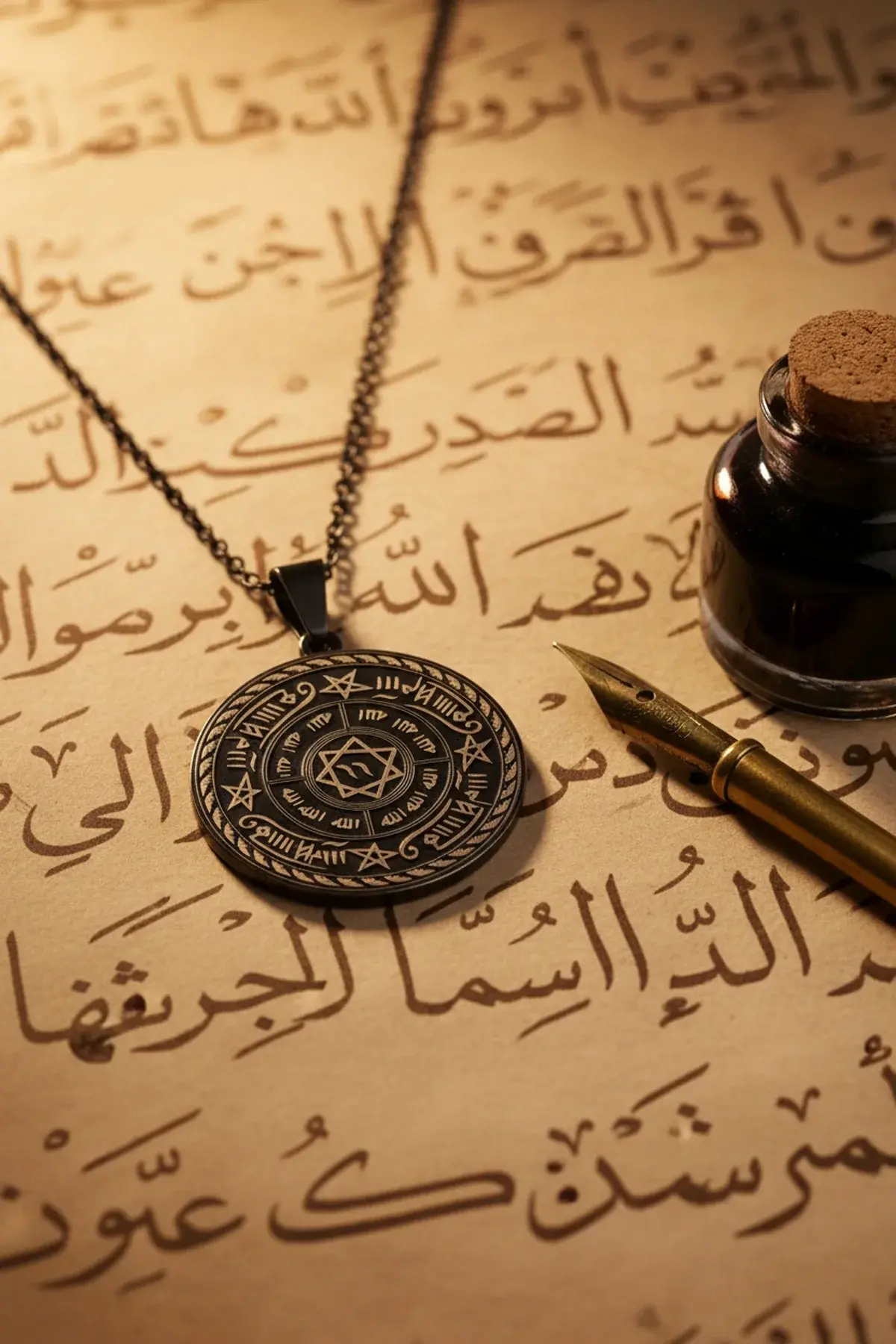 Celcelütiye Ve İsm-i Azam Vefk Yazılı Çelik Kolye Titanyum Renk Paslanmaz Zincir (unisex)