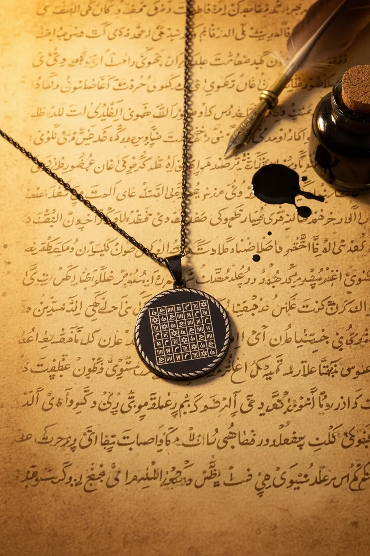 Celcelütiye Ve İsm-i Azam Vefk Yazılı Çelik Kolye Titanyum Renk Paslanmaz Zincir (unisex)