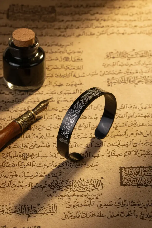 Siyah Ayetel Kürsi Nalı Şerif Yazılı Çelik Bileklik Ayarlanabilir Paslanmaz Kararmaz Dualı Unisex