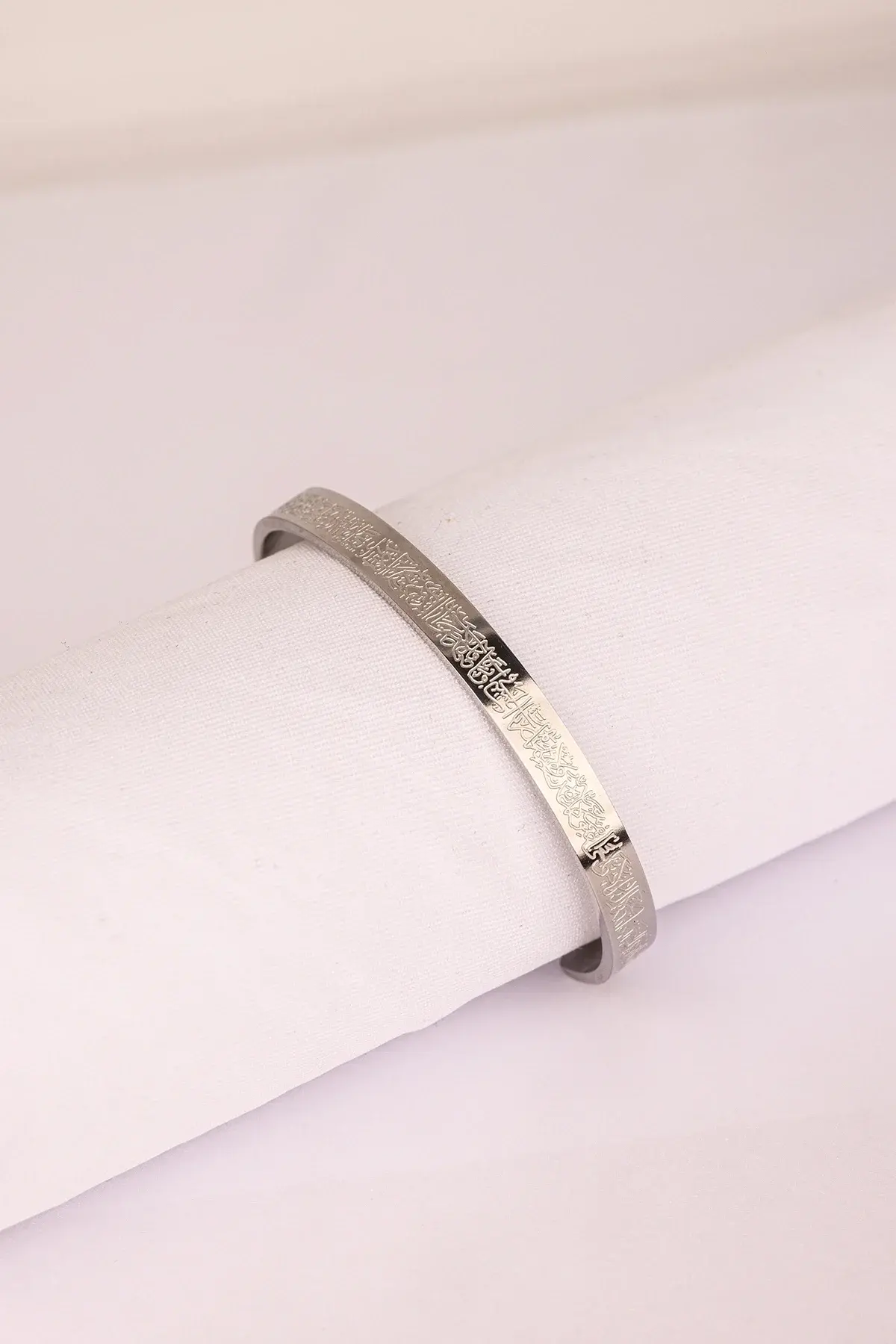 Gümüş Renk Unisex Ayetel Kürsi Nalı Şerif Yazılı Çelik Bileklik Ayarlanabilir Paslanmaz Kararmaz