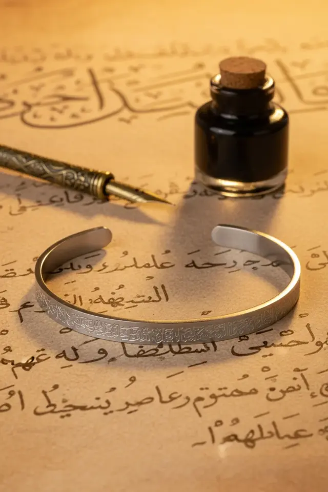 Gümüş Renk Unisex Ayetel Kürsi Nalı Şerif Yazılı Çelik Bileklik Ayarlanabilir Paslanmaz Kararmaz