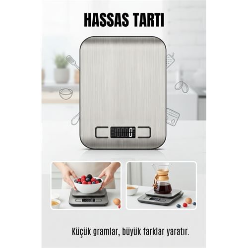 Dijital Hassas Mutfak Tartısı 10kg/1g - Paslanmaz Çelik Profesyonel Kuyumcu ve Diyet Terazisi