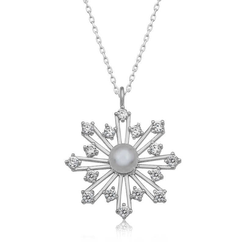 925 Ayar Gümüş İncili Kar Tanesi Kadın Gümüş Kolye