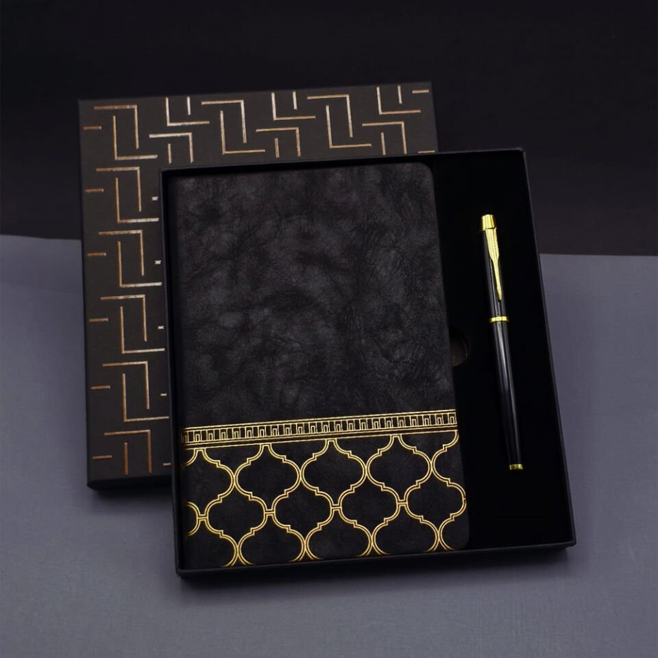 Gold Desen Siyah Deri Defter Kalem Set