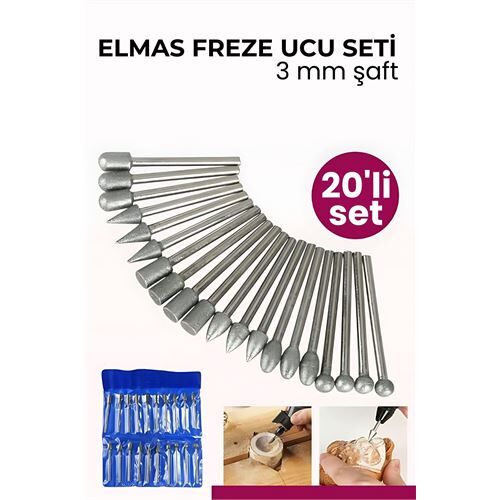 20 Parça Profesyonel Elmas Freze Ucu Seti - 3mm Şaft Gravür, Taş ve Cam İşleme Taşlama Seti