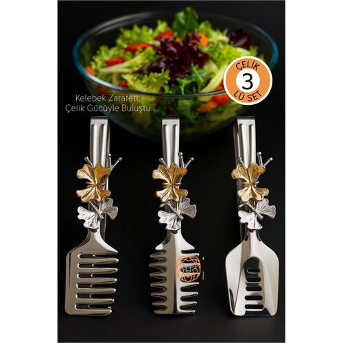 Kelebek Figürlü 3’lü Paslanmaz Çelik Servis Maşası Seti - Salata, Pasta ve Izgara Maşası