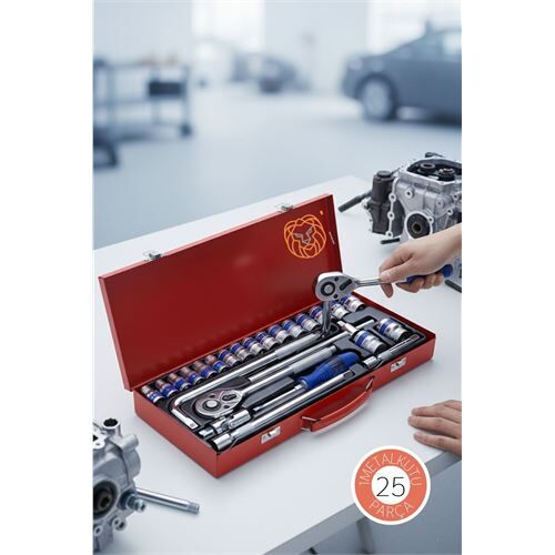 25 Parça Profesyonel Heavy Duty Lokma Takımı - 1/2'' Cırcır Kolu ve Çelik Soket Seti (Çantalı)