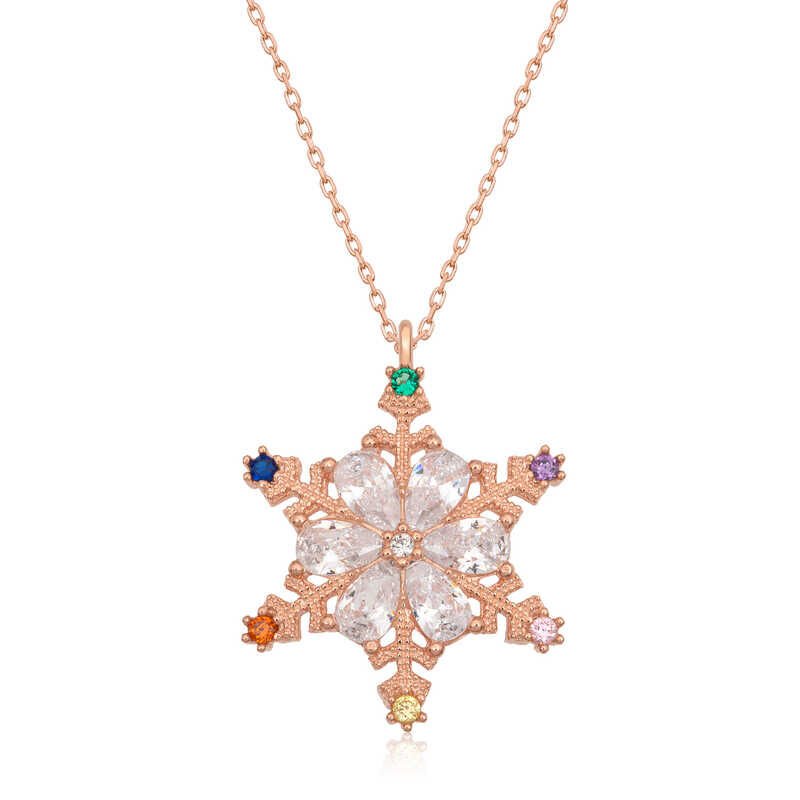 925 Ayar Gümüş Rose Renkli Taşlı Kar Tanesi Kadın Gümüş Kolye
