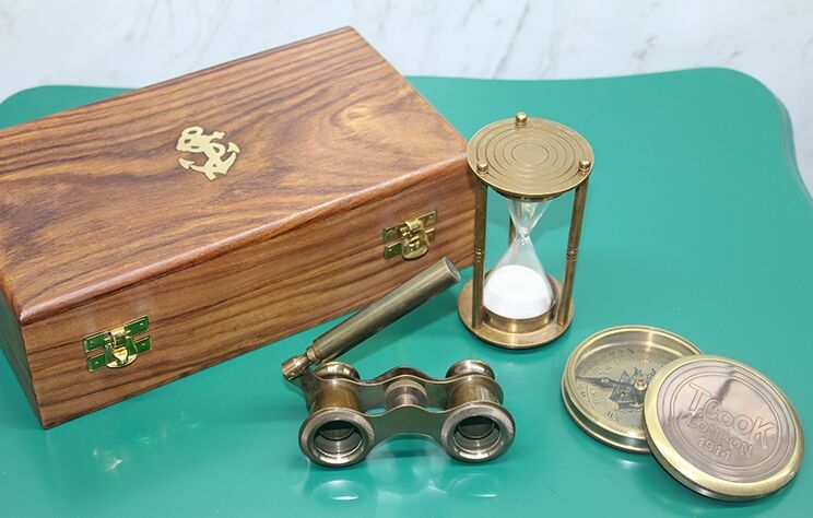 Ahşap Kutulu Pirinç Pusula,Kumsaati,Dürbün Seti