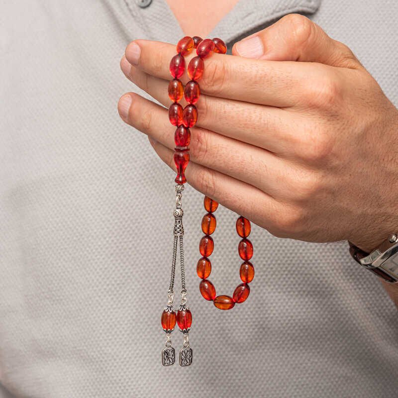 Gümüş Püsküllü Ateş Kehribar Tesbih