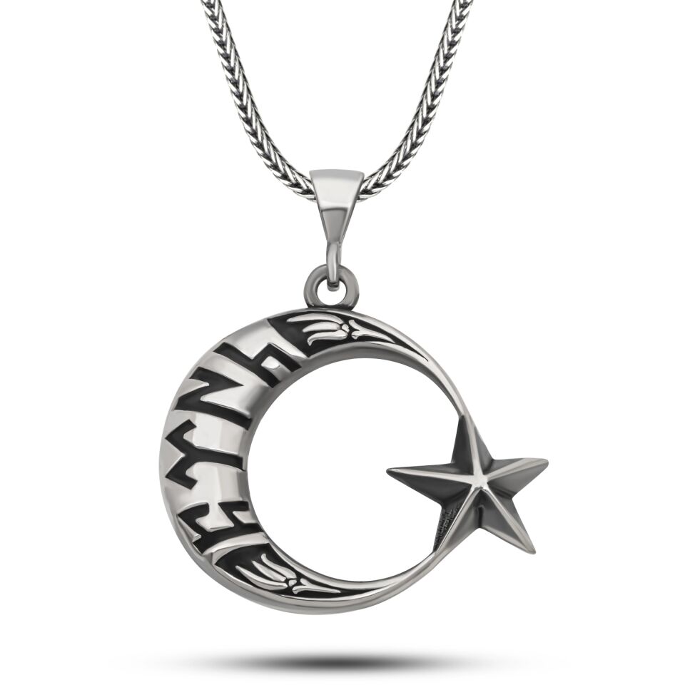 Gümüş Göktürkçe Yazılı Ay Yıldız Erkek Kolye