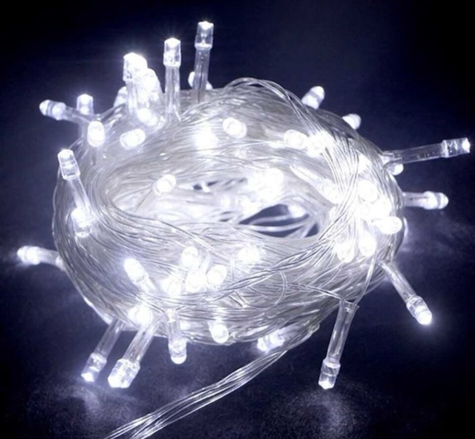 10m 100 Led Boncuk Lamba Beyaz Işık Şeffaf Kablo